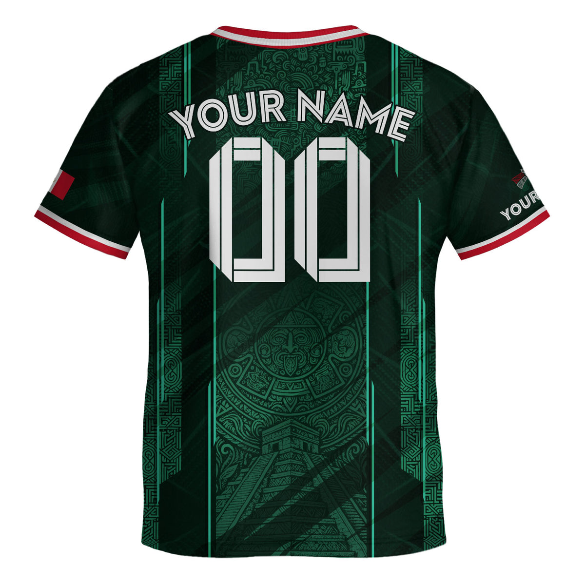 Camiseta de fútbol de México para niños personalizada, diseño de calendario azteca verde