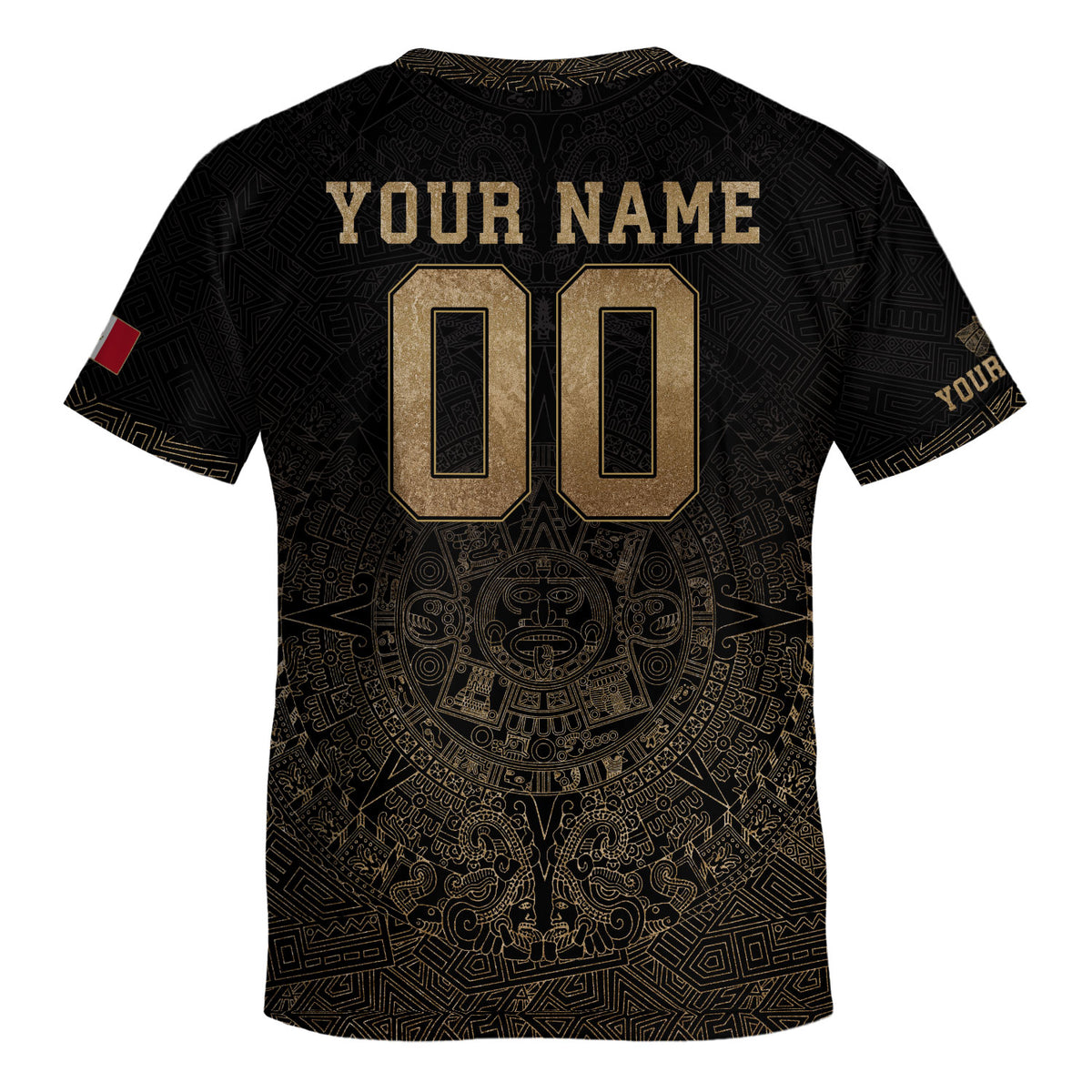 Camiseta de fútbol de México para niños personalizada, diseño de templo azteca negro y dorado