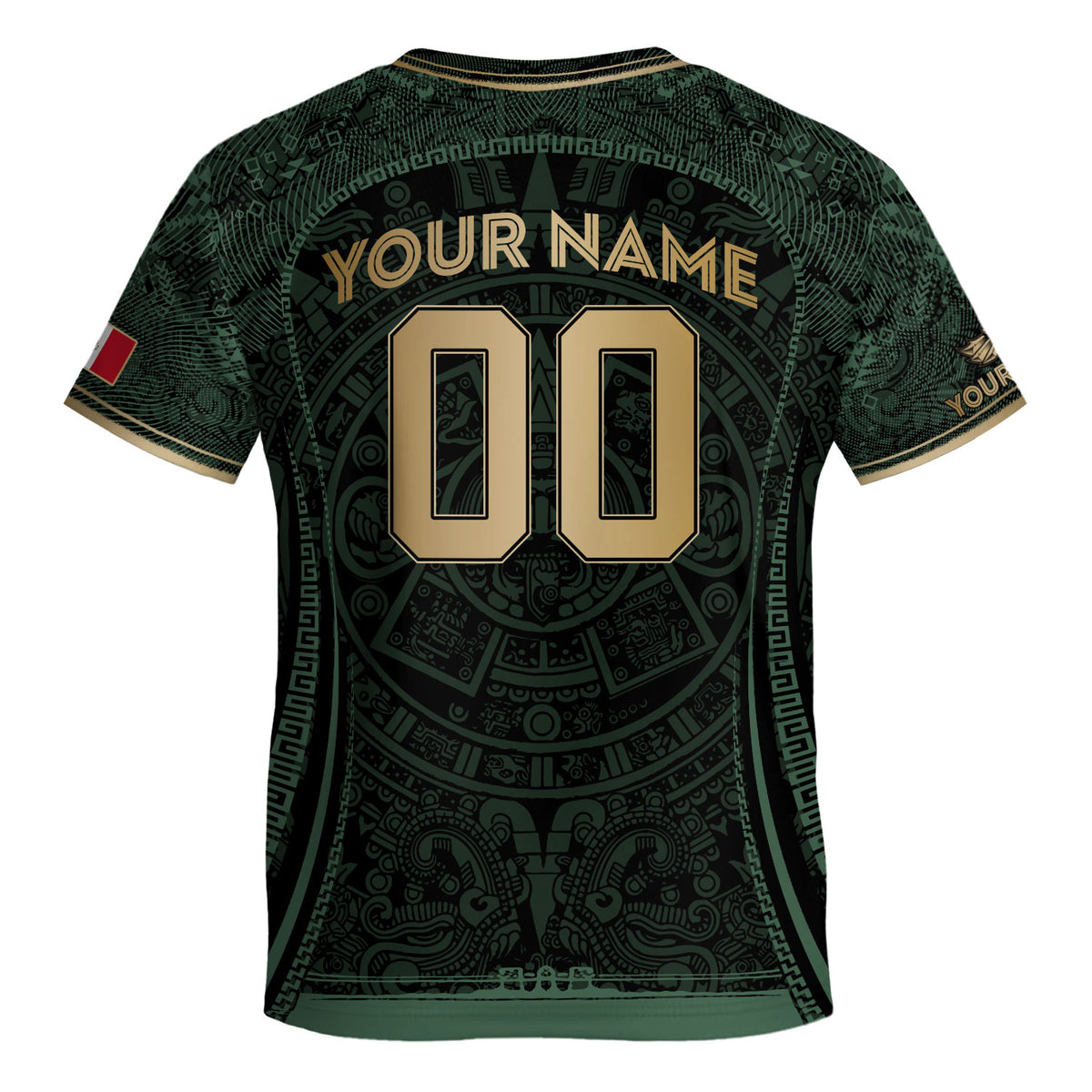 Camiseta de fútbol de México para niños personalizada, diseño de calendario azteca, verde oscuro y dorado