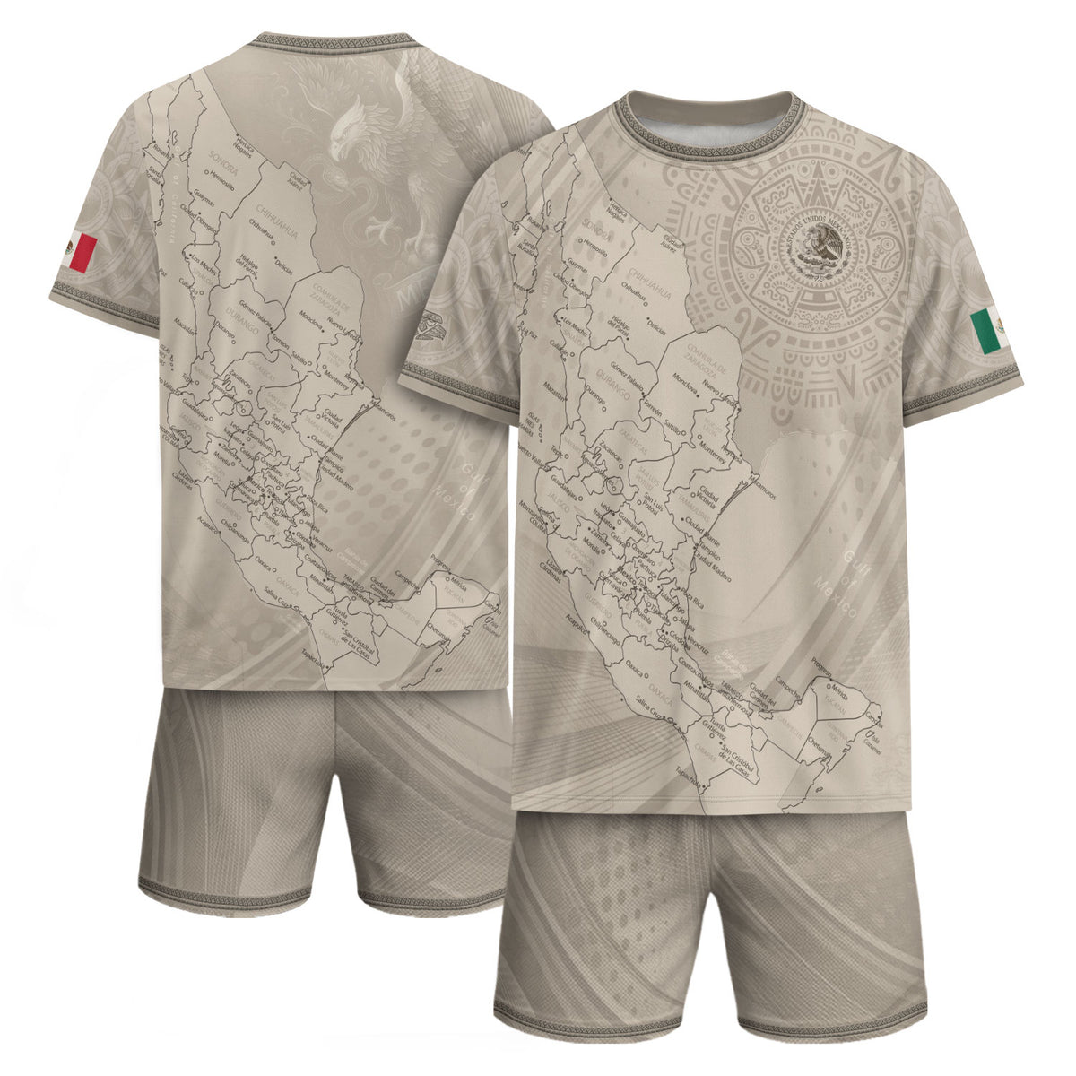 Camiseta de fútbol con diseño de mapa beige de México con orgullo azteca