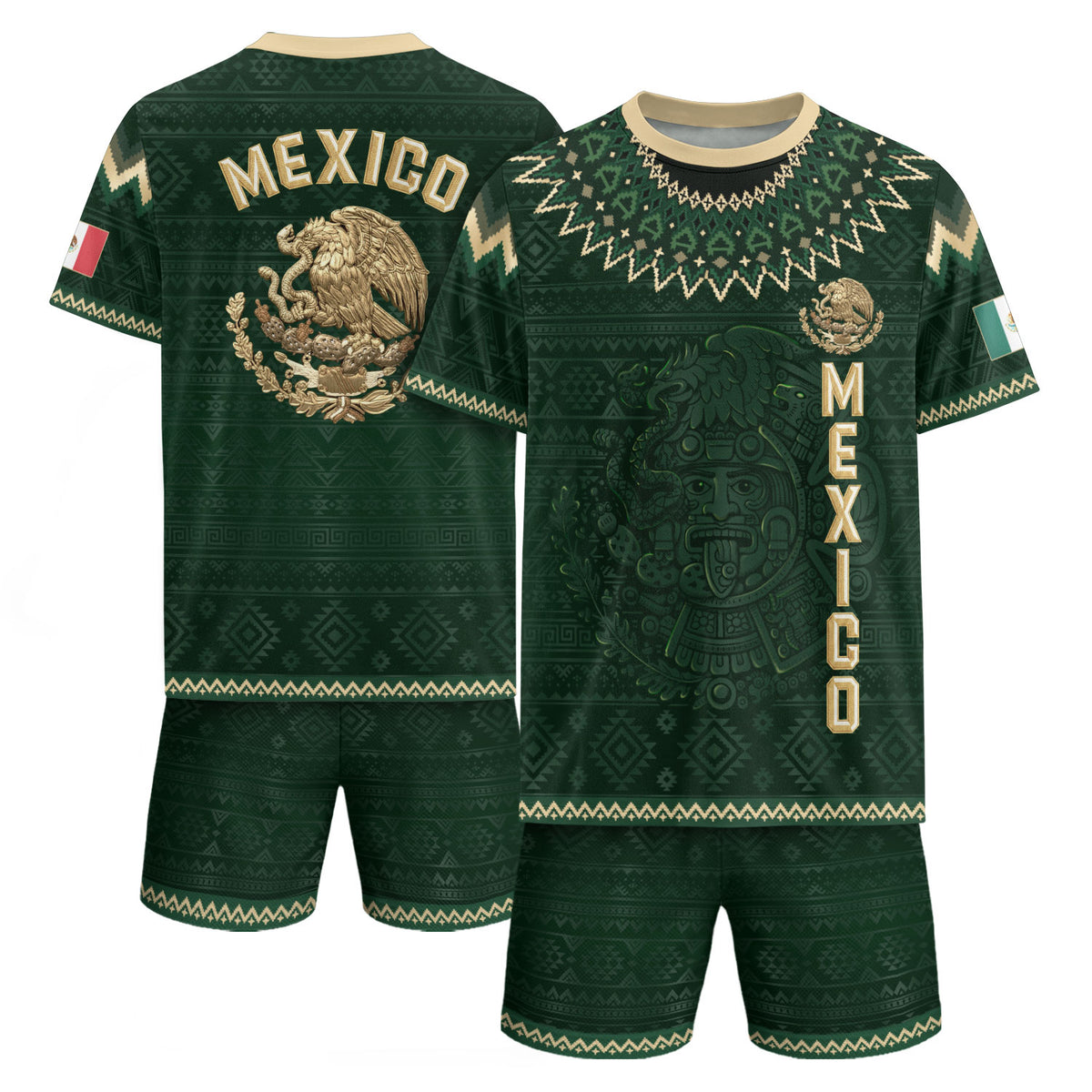 Mexico Heritage Soccer Jersey, Green Gold Aztec Calendar Design Sports Jersey for Men