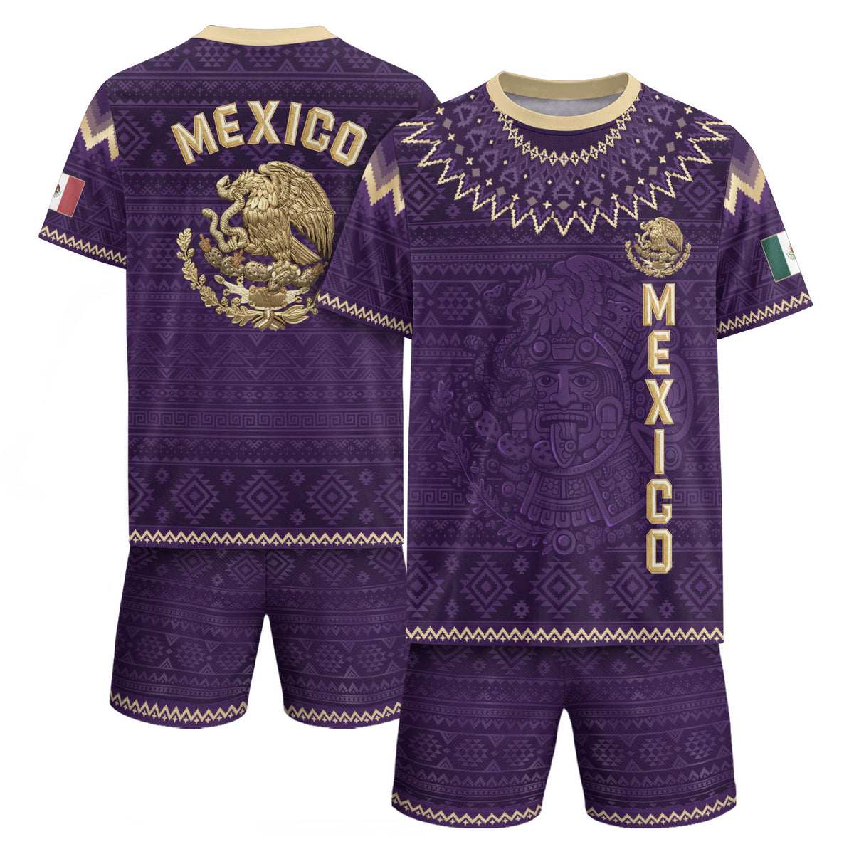 Mexico Heritage Soccer Jersey, Purple Gold Aztec Calendar Design Sports Jersey for Men