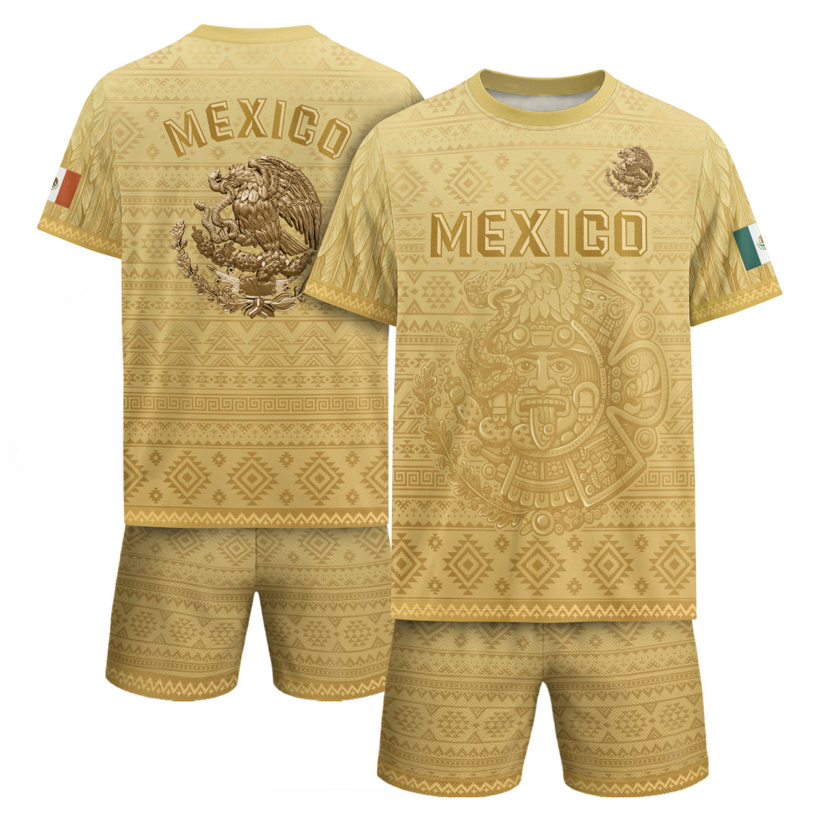 Mexico Heritage Soccer Jersey, Yellow Gold Aztec Calendar Design Sports Jersey for Men