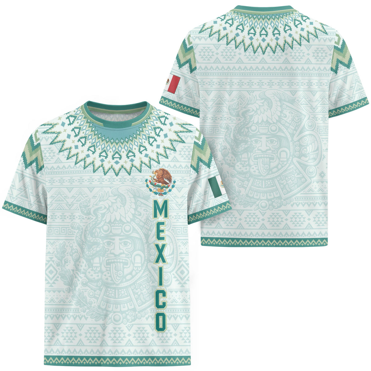 Mexico Soccer Jersey Men Aztec Calendar White Teal Adult Football Shirt Sportswear Tee