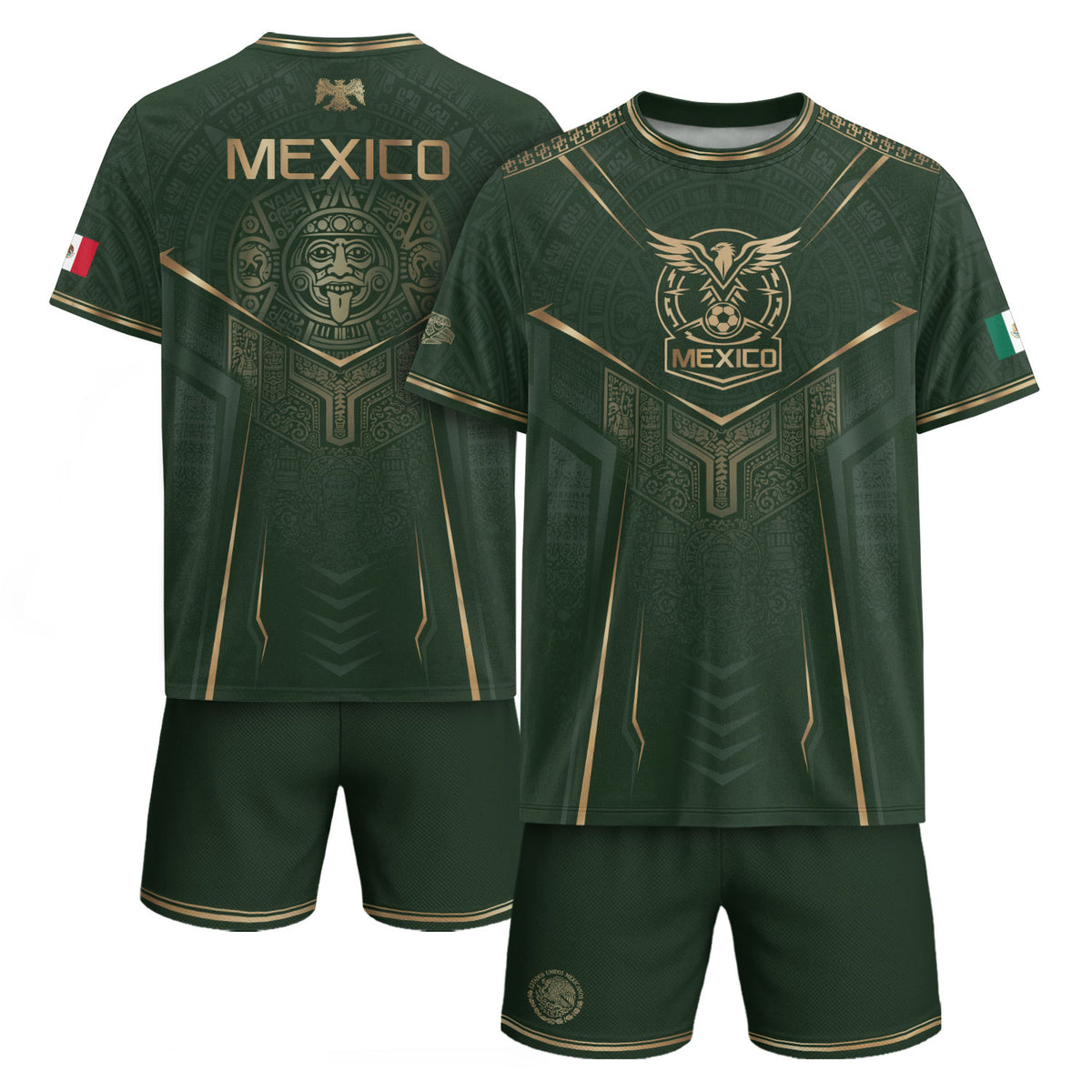 Mexico Soccer Jersey Men Aztec Warrior Green Gold Football Shirt Fan Edition Tee