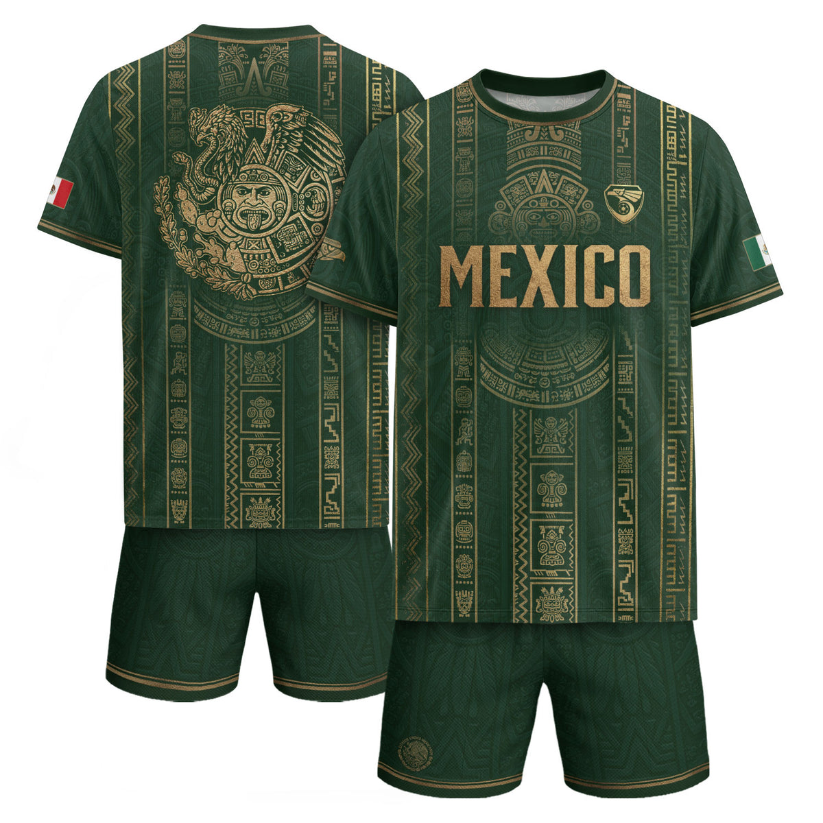Mexico Soccer Jersey Men Green Gold Aztec Sun Stone Mexican Football Shirt