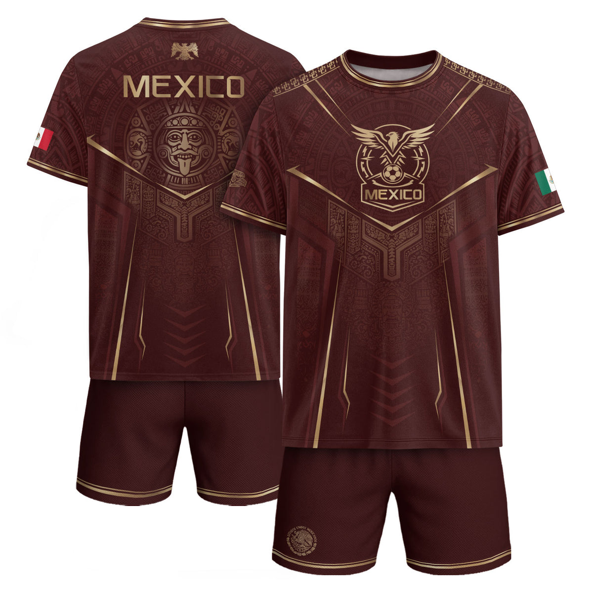 Mexico Soccer Jersey Men Maroon Aztec Pattern Football Shirt Classic Fan Wear