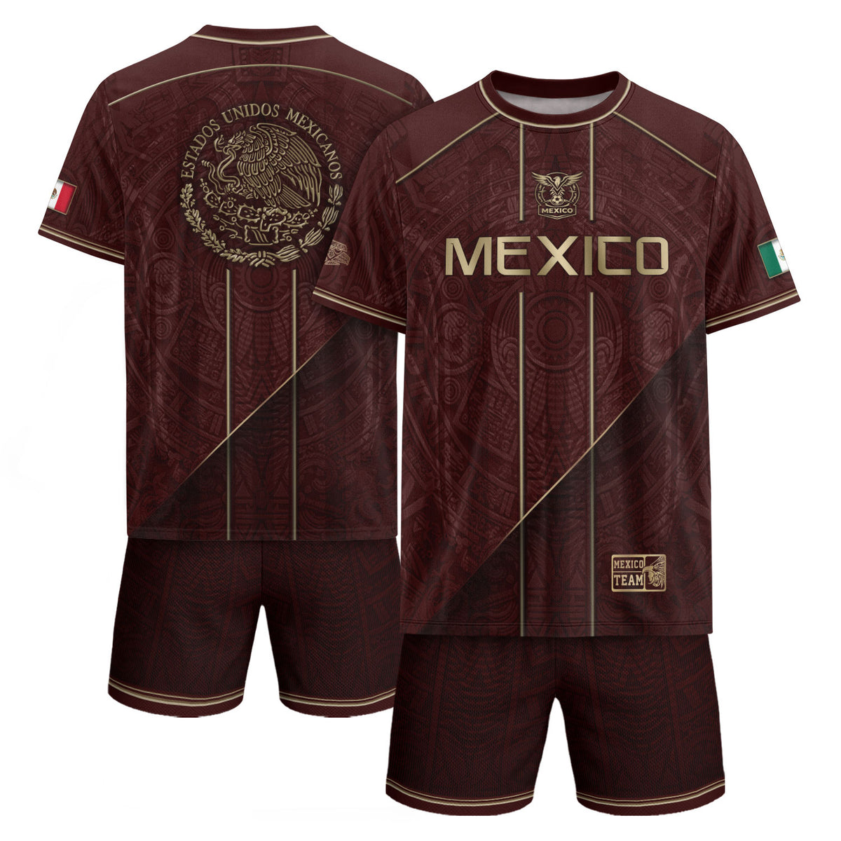 Mexico Soccer Jersey Men Maroon Gold Heritage Football Shirt Aztec Style Top