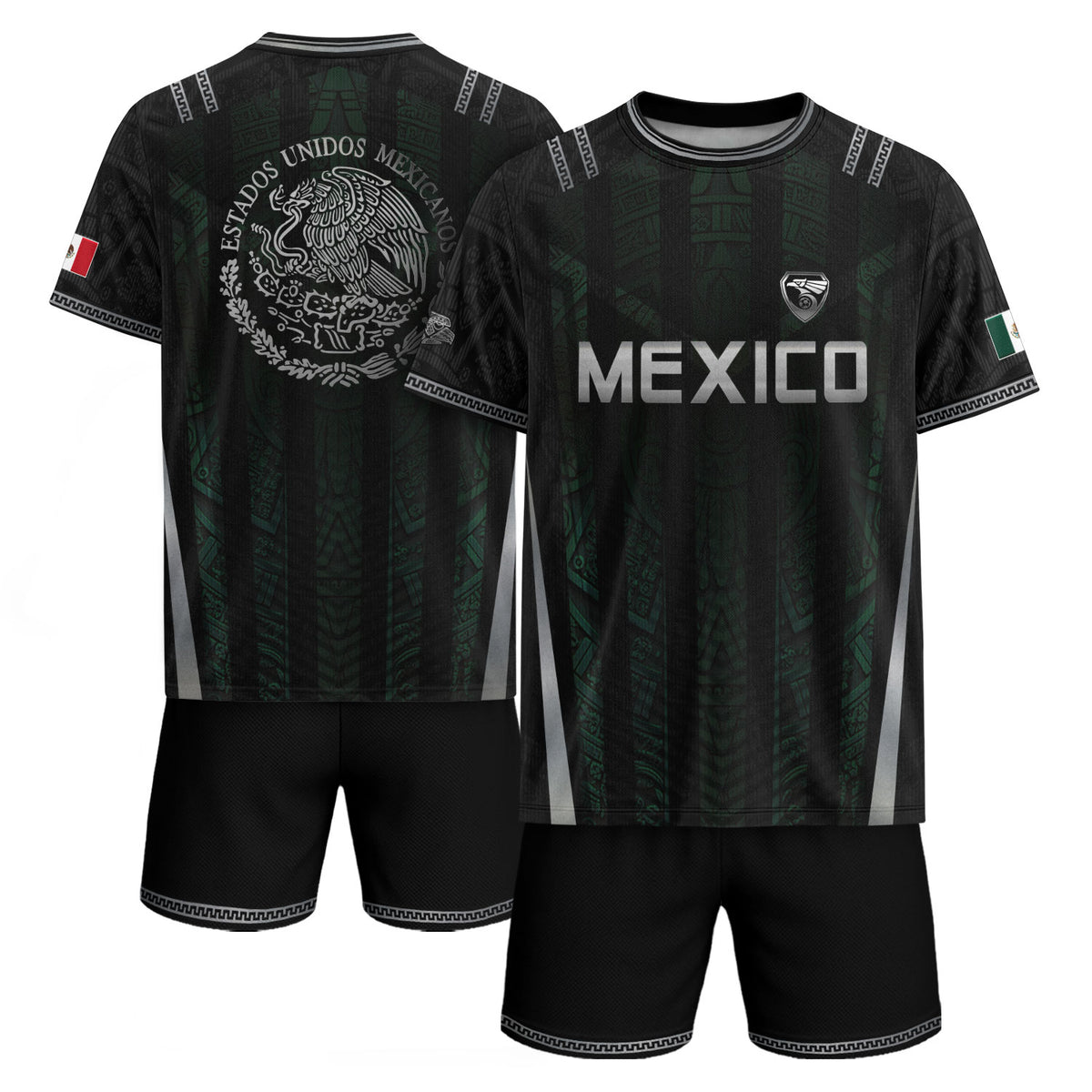 Mexico Soccer Jersey Black Eagle Crest Football Fan Men Shirt Aztec Design Tee