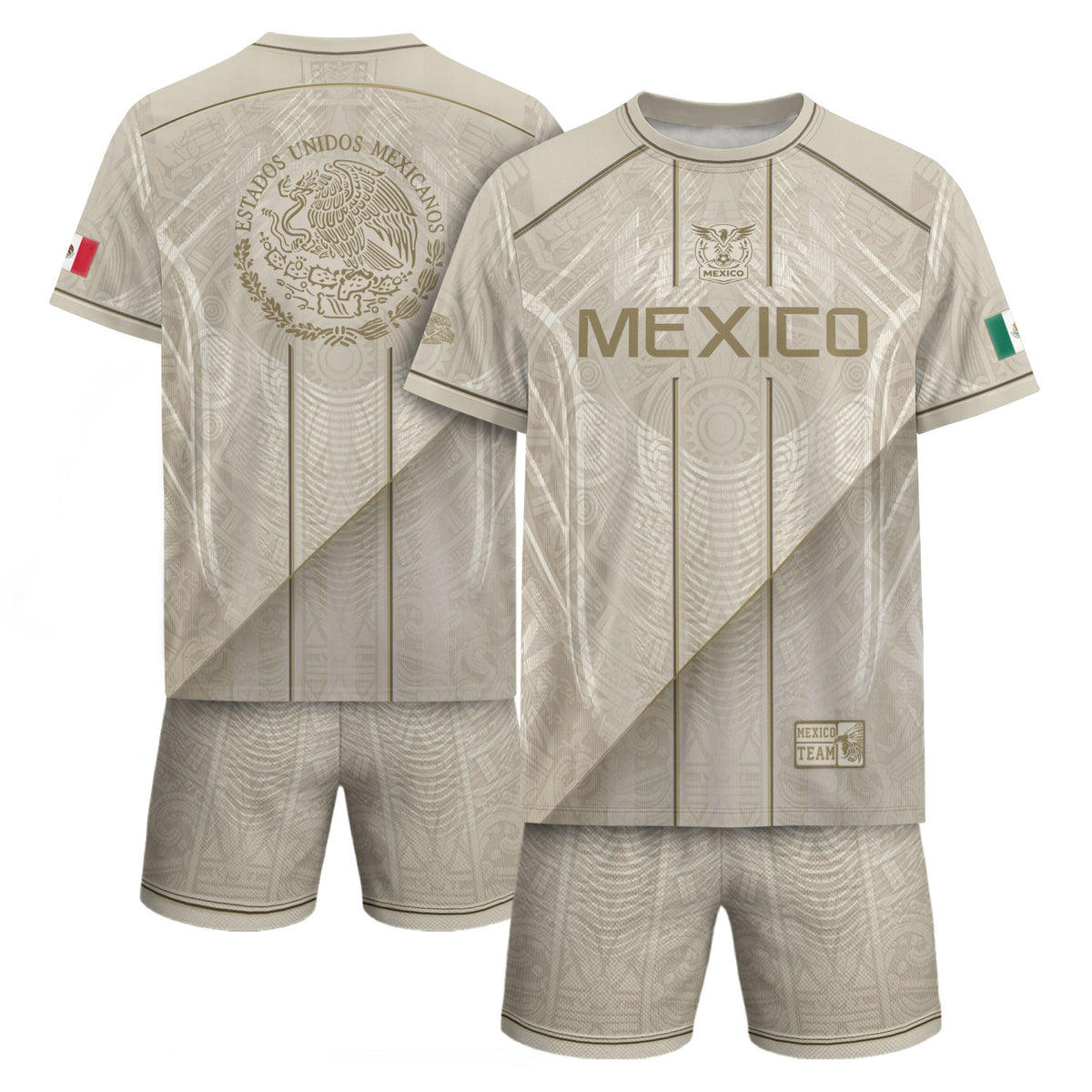 Mexico Soccer Jersey Men Beige Gold Aztec Calendar Mexican Football Shirt