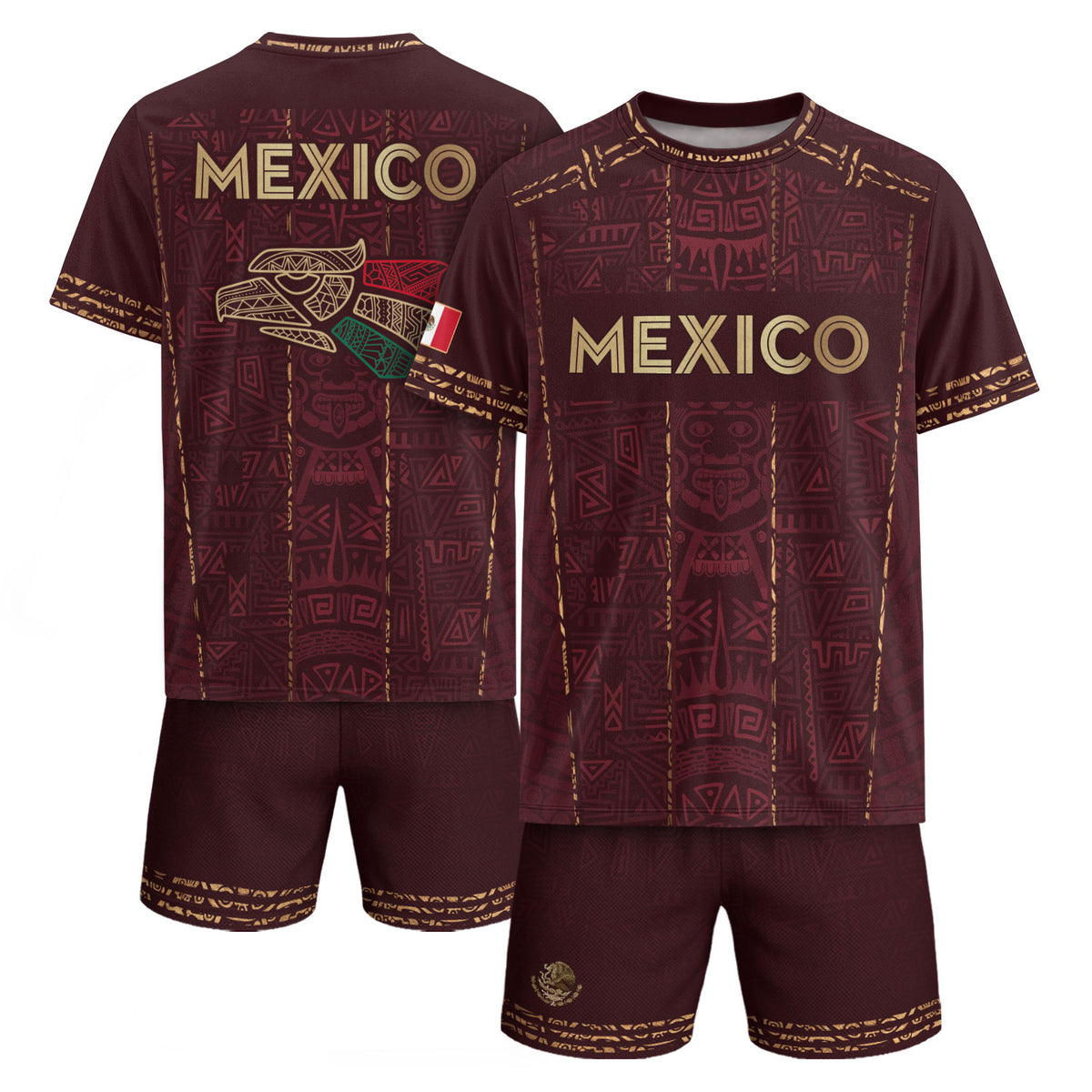 Camiseta de fútbol premium con emblema de águila azteca verde y dorado de México