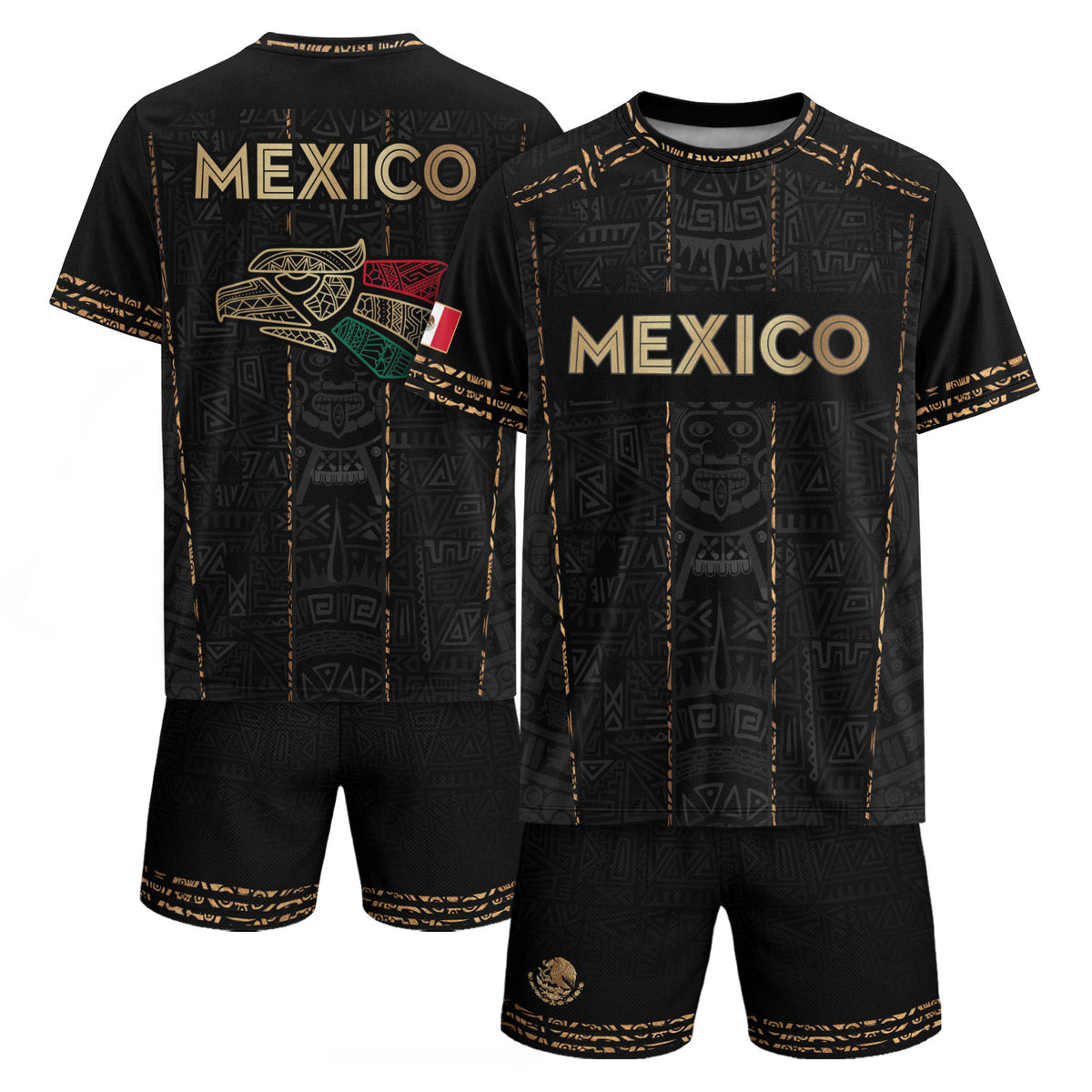 Camiseta de fútbol premium con emblema de águila azteca verde y dorado de México
