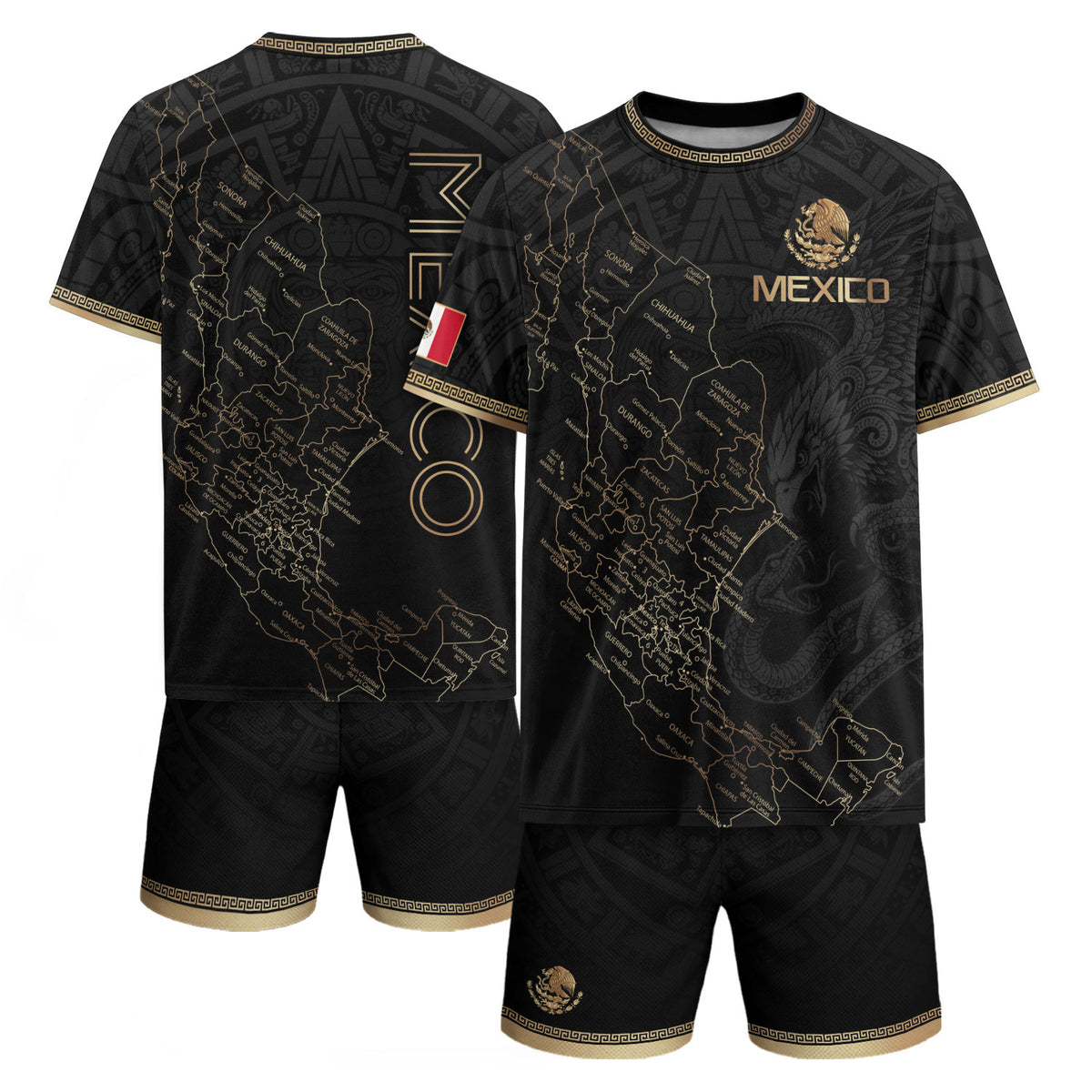Camiseta de fútbol premium con emblema de águila azteca verde y dorado de México