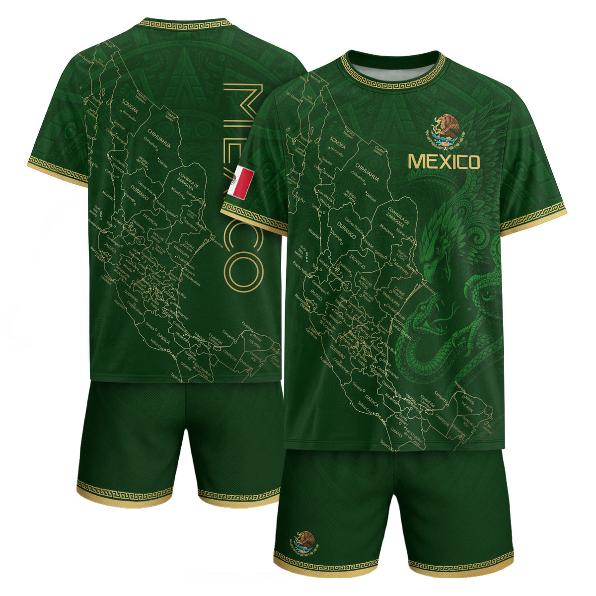 Camiseta de fútbol premium con emblema de águila azteca verde y dorado de México