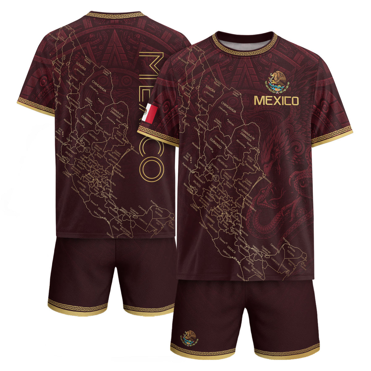 Camiseta de fútbol premium con emblema de águila azteca verde y dorado de México