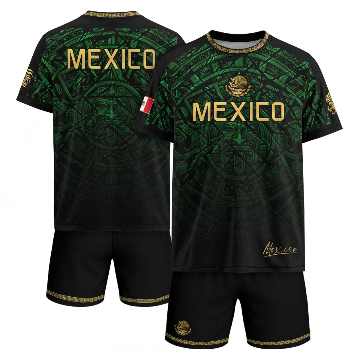 Mexico Soccer Jersey Green Black Aztec Sun Stone - Mexico Fan Heritage Style Shirt For Men, For Women