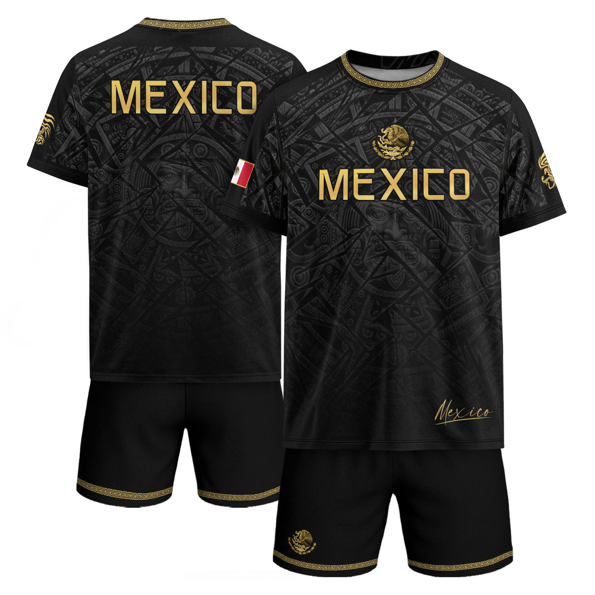 Camiseta de fútbol premium con emblema de águila azteca verde y dorado de México