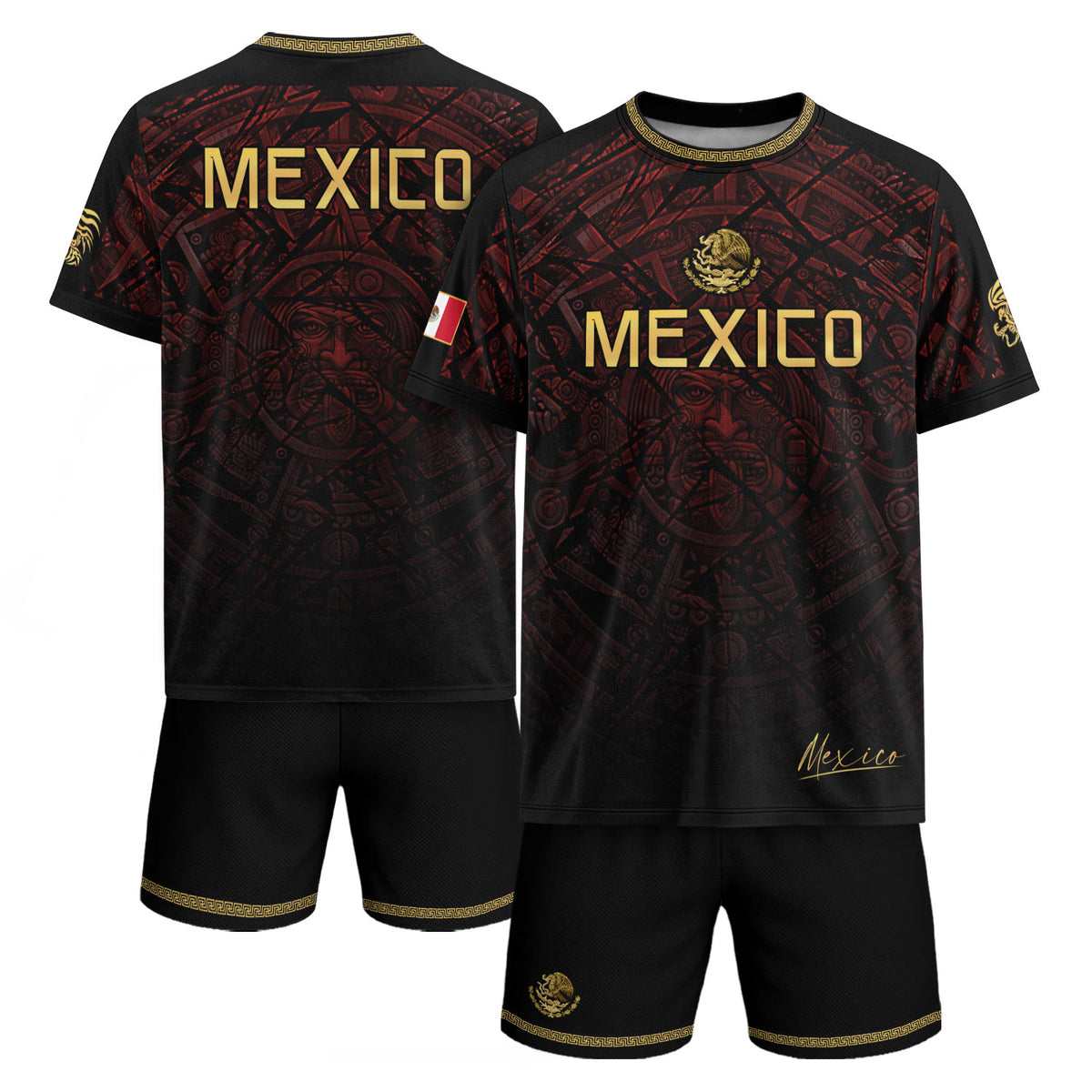 Camiseta de fútbol premium con emblema de águila azteca verde y dorado de México