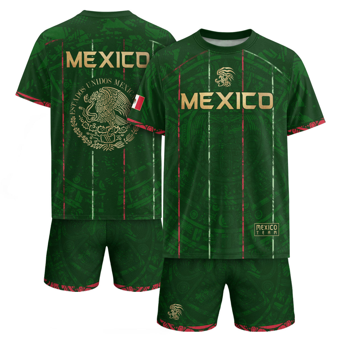 Camiseta de fútbol premium con emblema de águila azteca verde y dorado de México