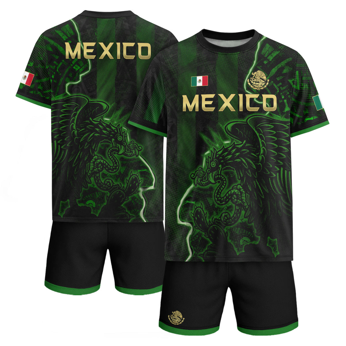 Camiseta de fútbol premium con emblema de águila azteca verde y dorado de México