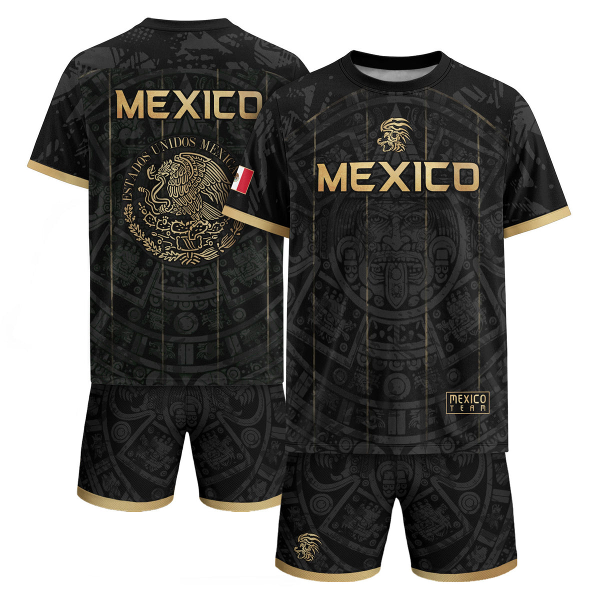 Camiseta de fútbol premium con emblema de águila azteca verde y dorado de México