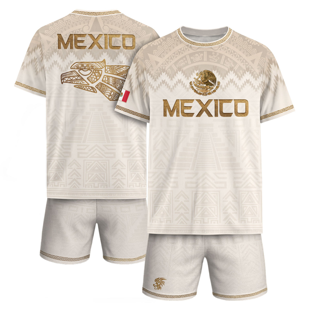 Camiseta de fútbol premium con emblema de águila azteca verde y dorado de México
