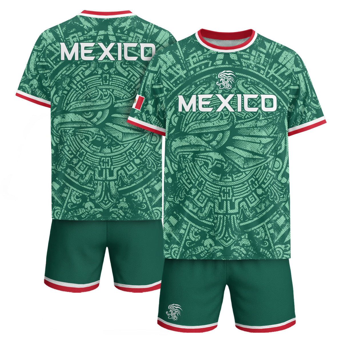 Camiseta de fútbol premium con emblema de águila azteca verde y dorado de México