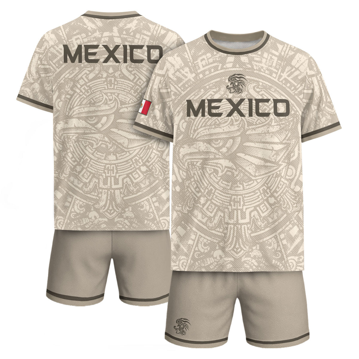 Camiseta de fútbol premium con emblema de águila azteca verde y dorado de México