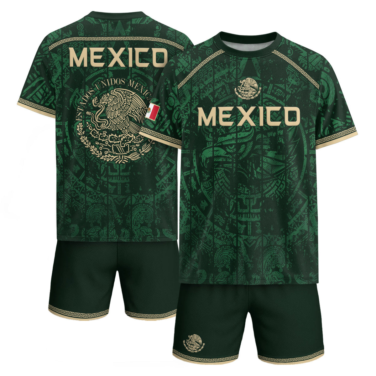 Camiseta de fútbol premium con emblema de águila azteca verde y dorado de México