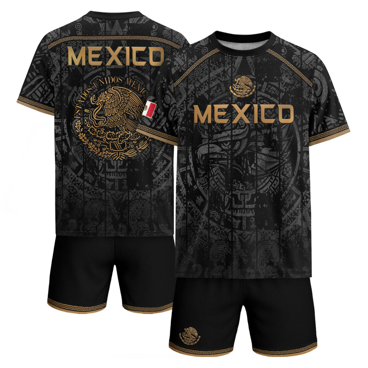 Camiseta de fútbol premium con emblema de águila azteca verde y dorado de México