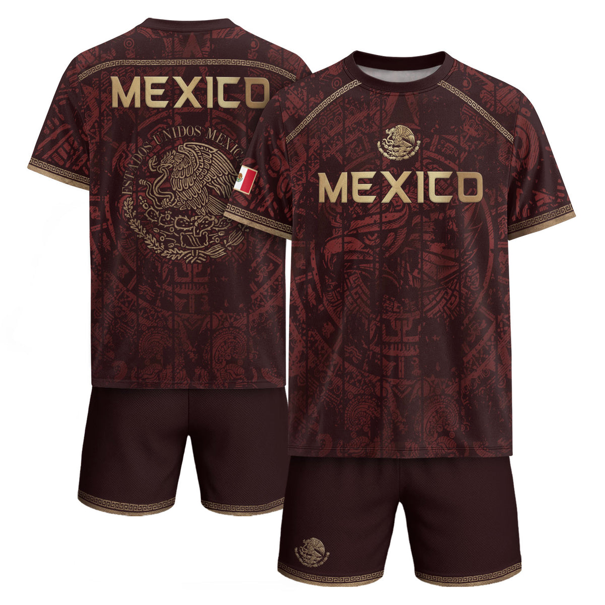 Camiseta de fútbol premium con emblema de águila azteca verde y dorado de México