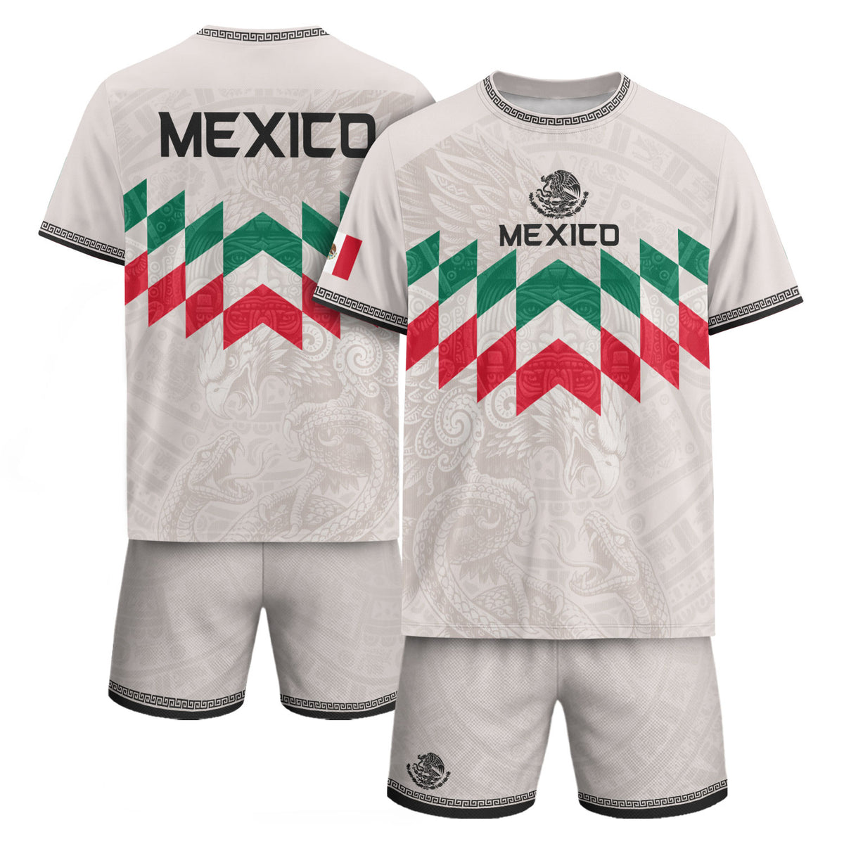 Camiseta de fútbol premium con emblema de águila azteca verde y dorado de México