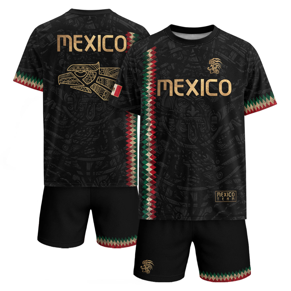 Camiseta de fútbol premium con emblema de águila azteca verde y dorado de México