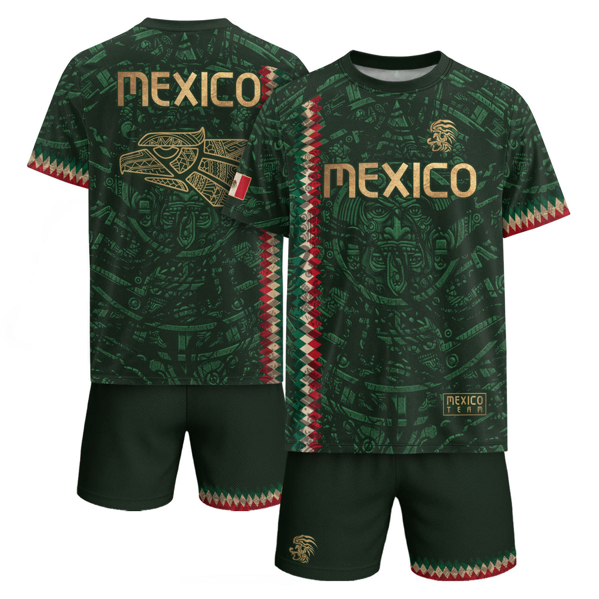 Camiseta de fútbol premium con emblema de águila azteca verde y dorado de México