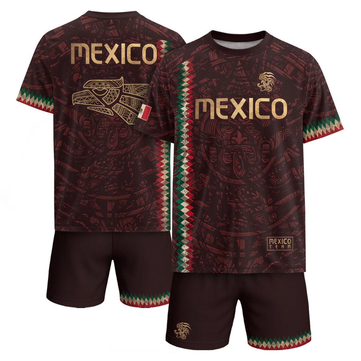 Camiseta de fútbol premium con emblema de águila azteca verde y dorado de México