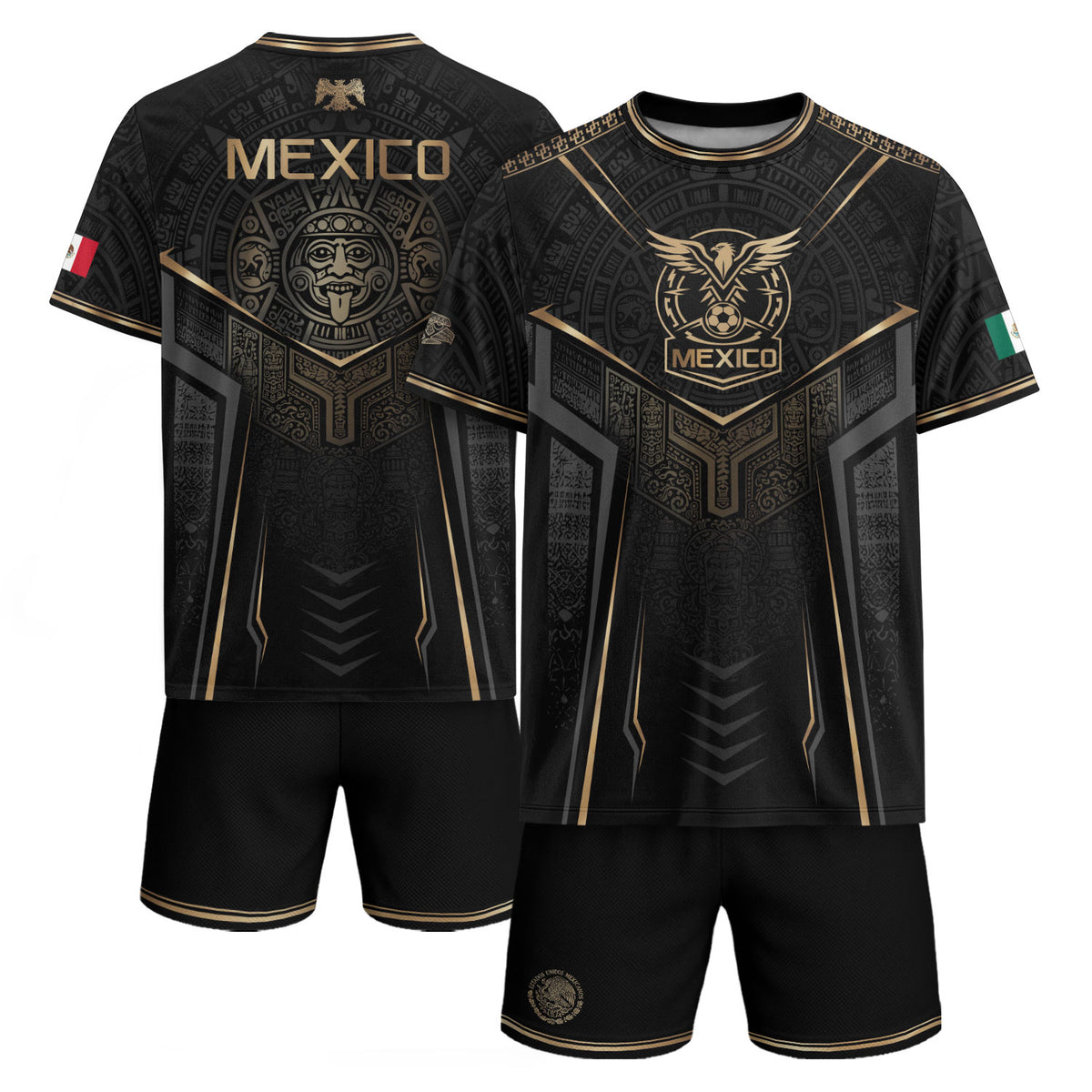 Mexico Soccer Jersey - Black & Gold Aztec Sun Stone Tribal Football Shirt