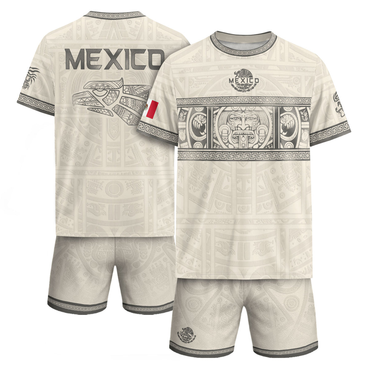 Beige Mexico Soccer Jersey Aztec Heritage Trim Mexican Football Shirt Men Women