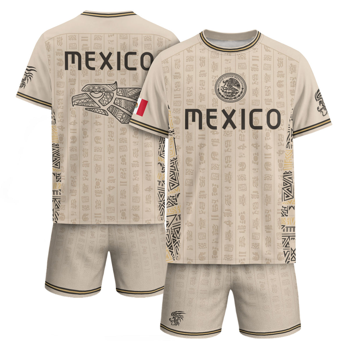Beige Mexico Soccer Jersey Aztec Heritage Pattern Mexican Football Shirt Unisex