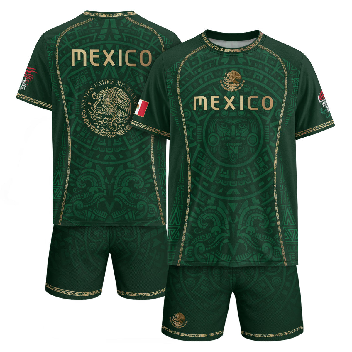 Green Mexico Soccer Jersey Aztec Sun Calendar Mexican Football Shirt for Fans