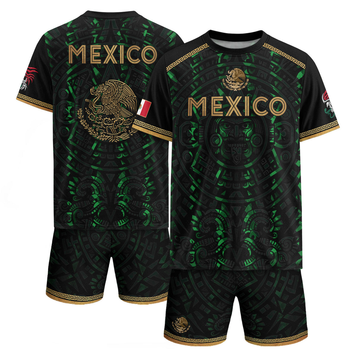 Camiseta de fútbol premium con emblema de águila azteca verde y dorado de México
