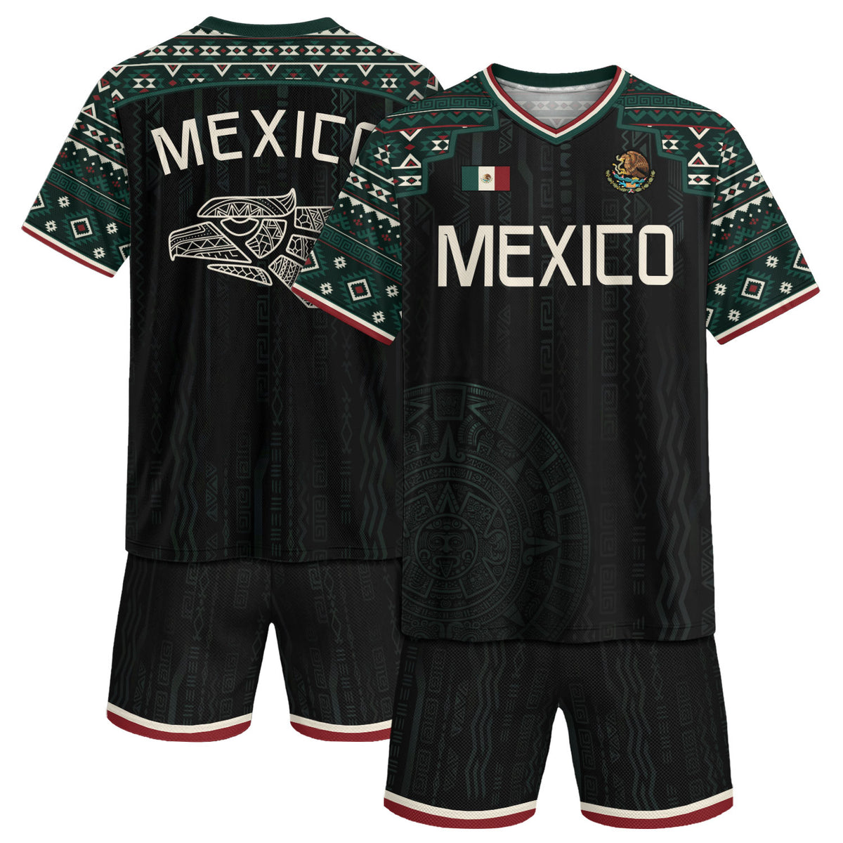 Mexico Soccer Jersey Black Edition V Neck Unisex Shirt Aztec Patterned Football Top