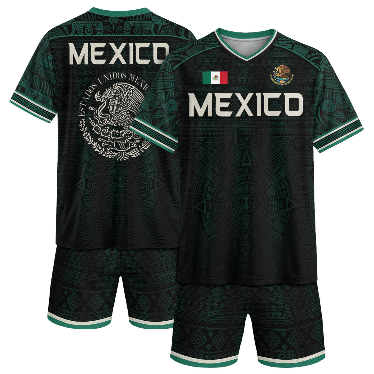Mexico Soccer Jersey Dark Green V Neck Unisex Shirt Aztec Calendar Graphic Football Top