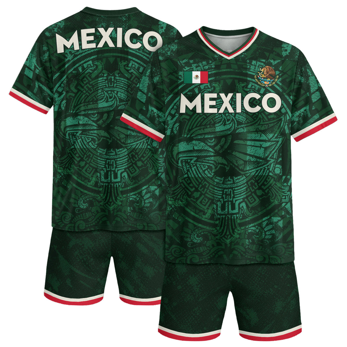 Mexico Soccer Jersey V Neck Unisex Green Shirt Aztec Warrior Eagle Pattern Football Apparel