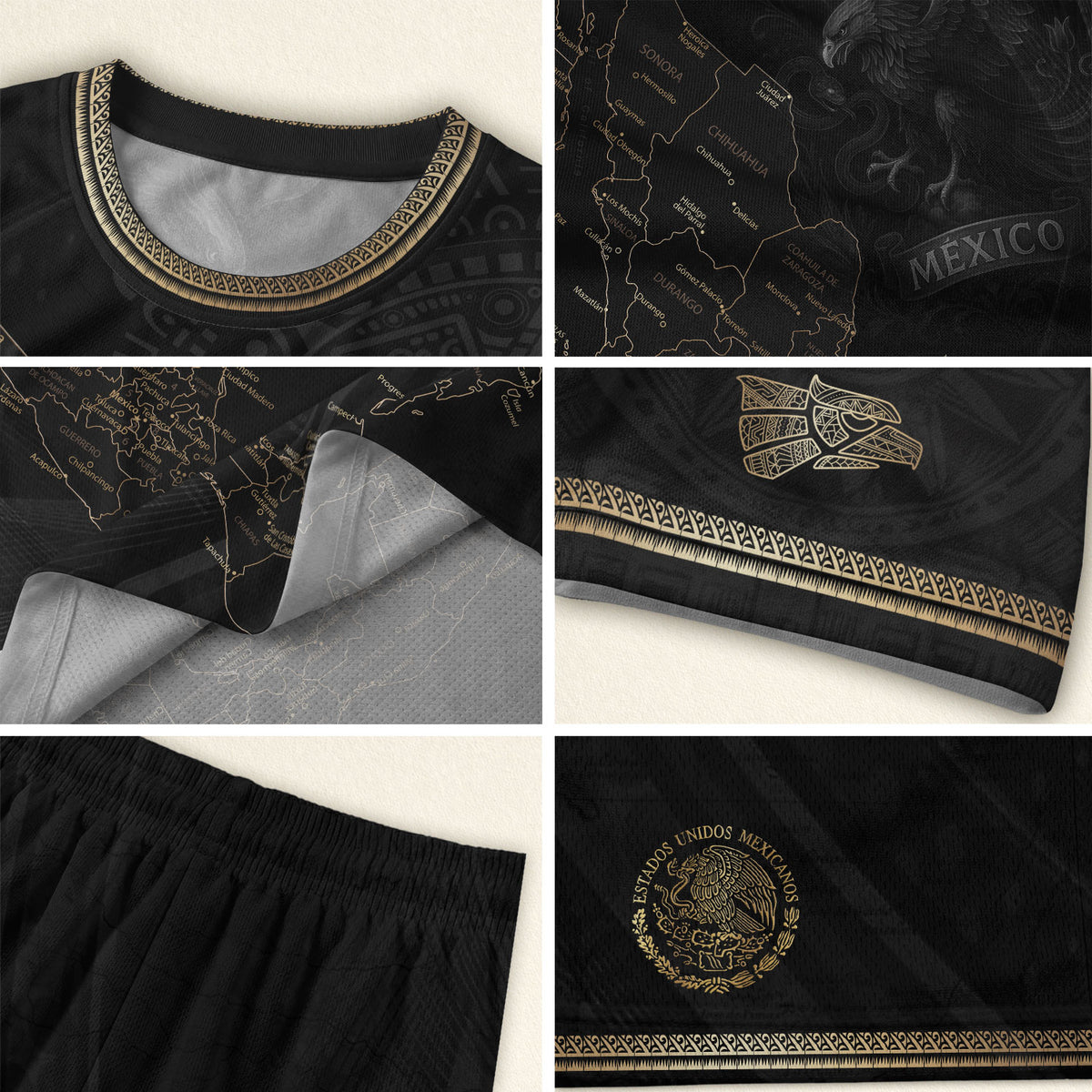 Camiseta de fútbol de México con diseño de mapa patrimonial de piedra solar azteca negra
