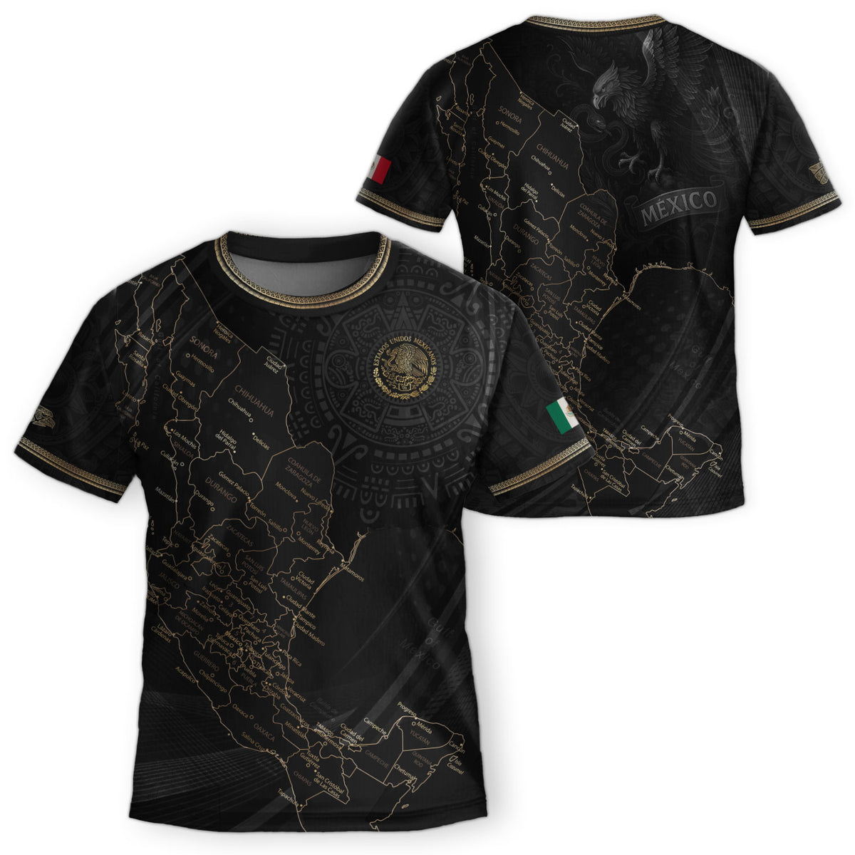 Mexico Kids Soccer Jersey Black Gold Map Aztec Pattern