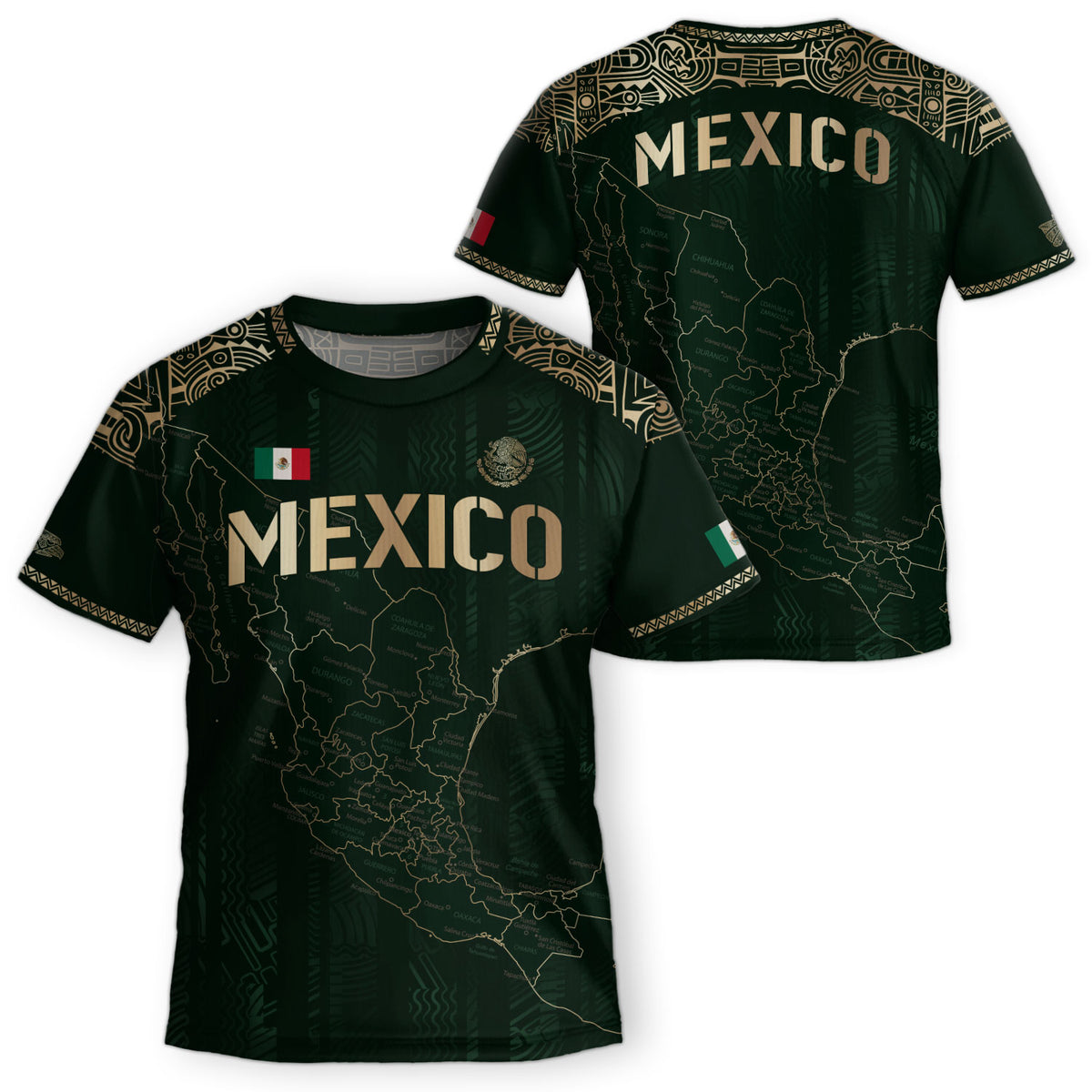Mexico Kids Soccer Jersey Green Gold Map Aztec Design