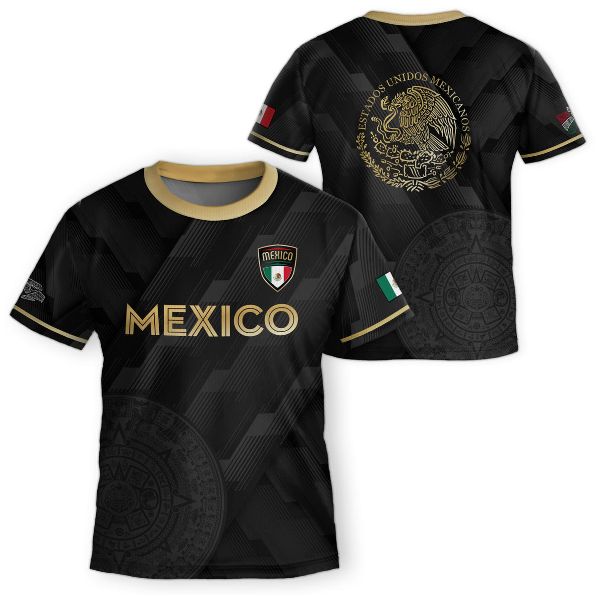 Mexico Kids Soccer Jersey Black Gold Aztec Calendar Crest Design