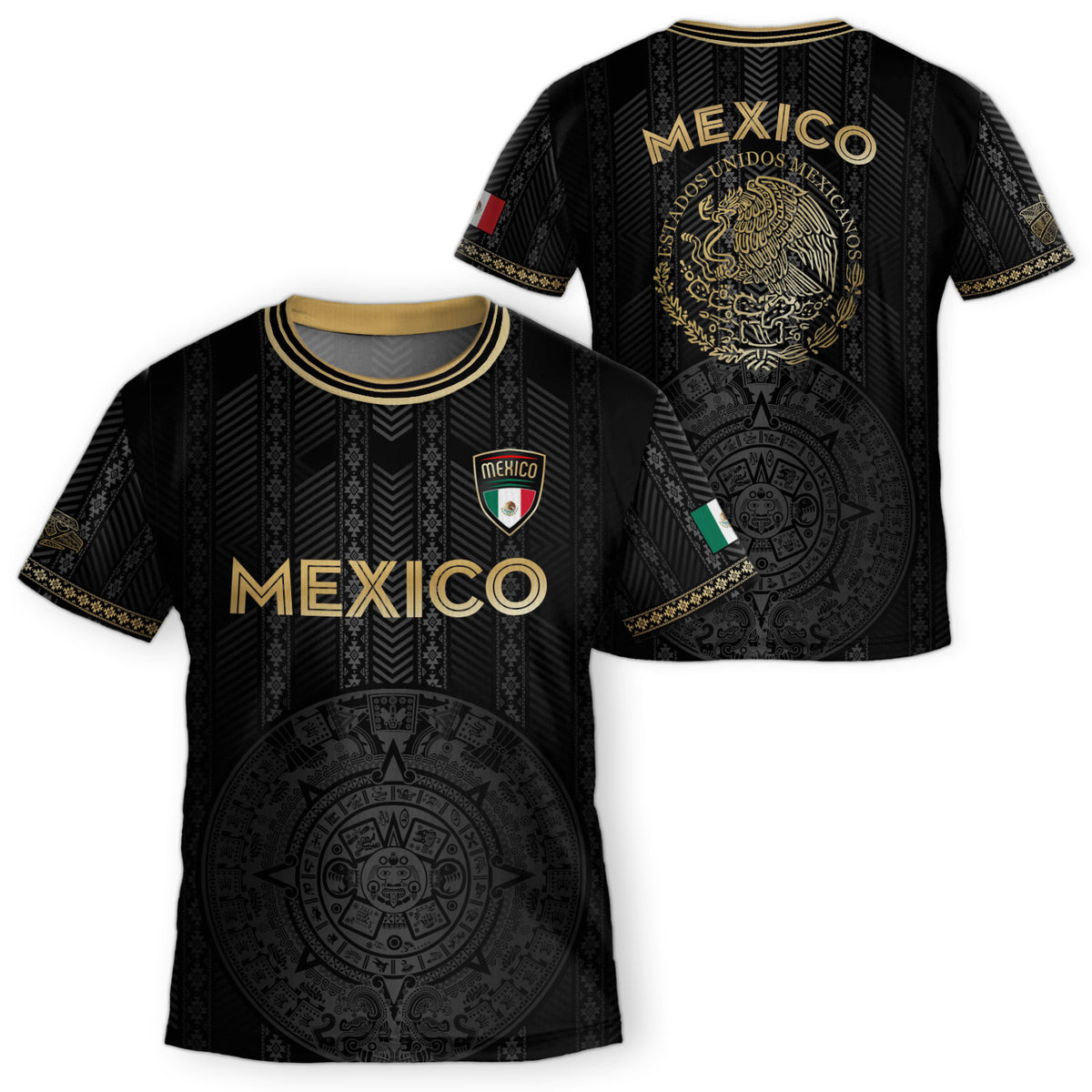 Mexico Kids Soccer Jersey Black Gold Aztec Calendar Design