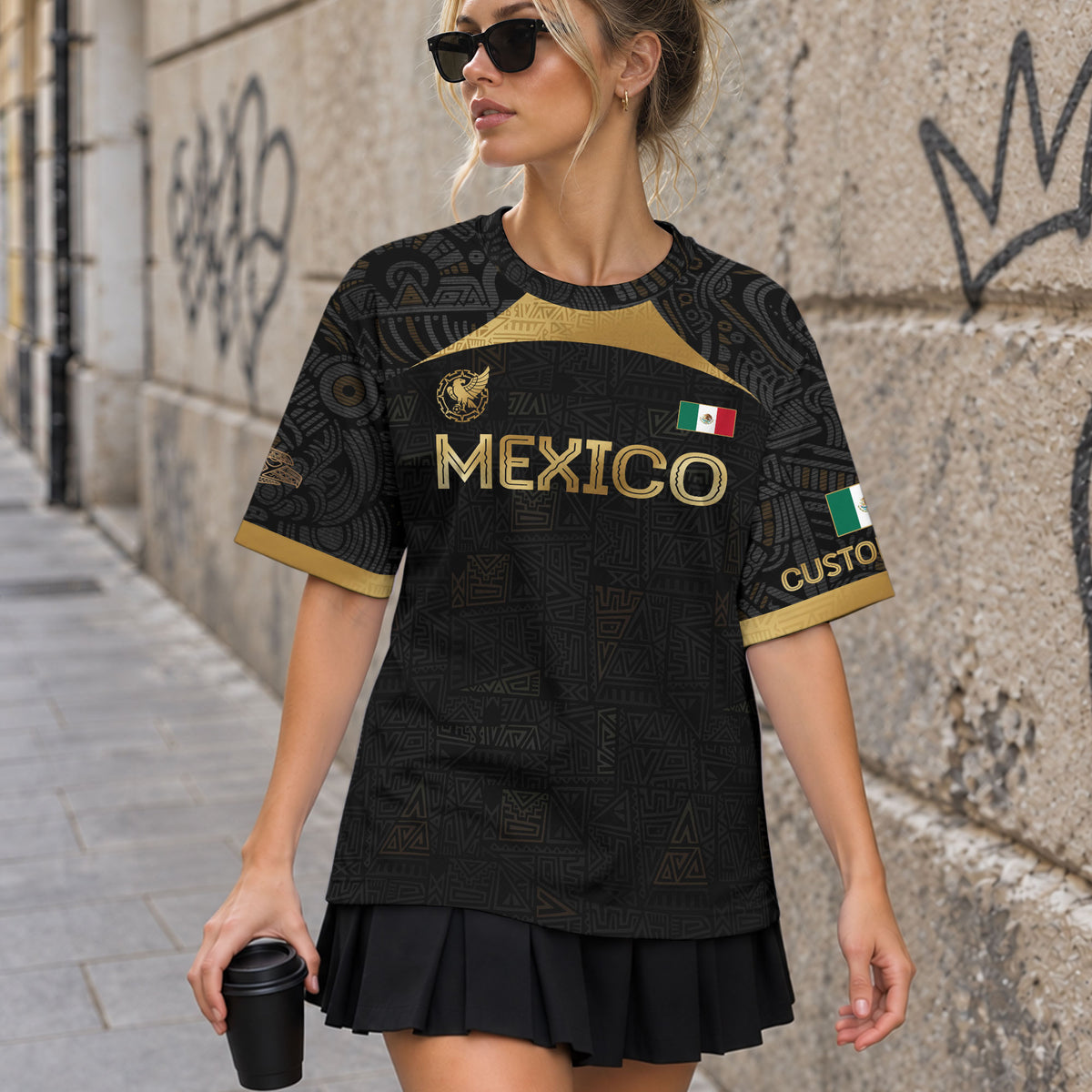 Custom Mexico Black Gold Soccer Jersey with Aztec Warrior Pattern