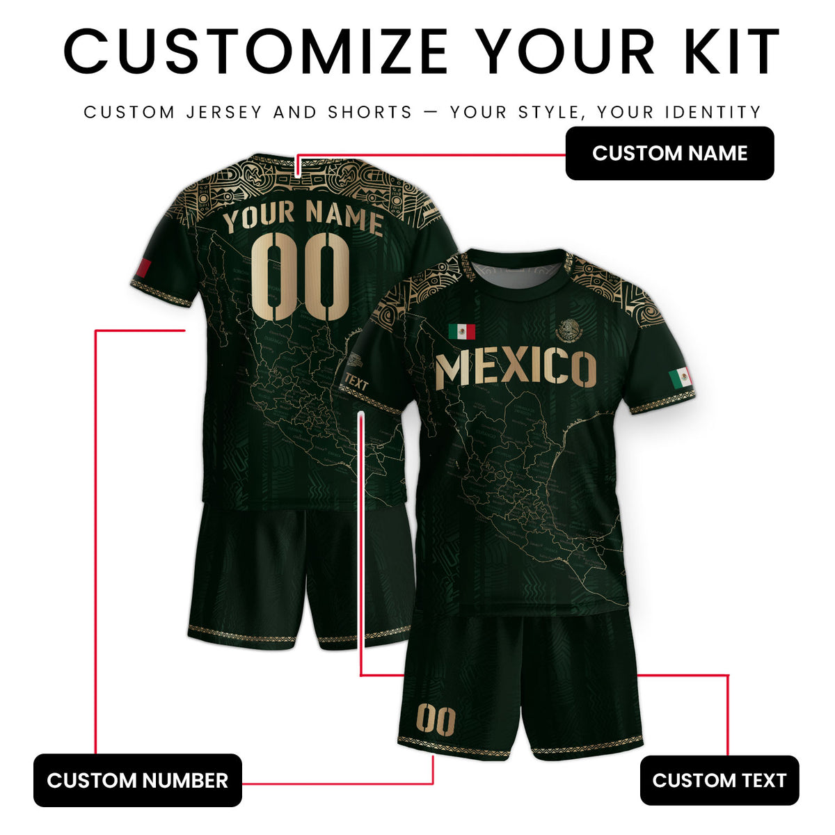 Camiseta de fútbol personalizada de México para niños, diseño de mapa patrimonial verde y dorado